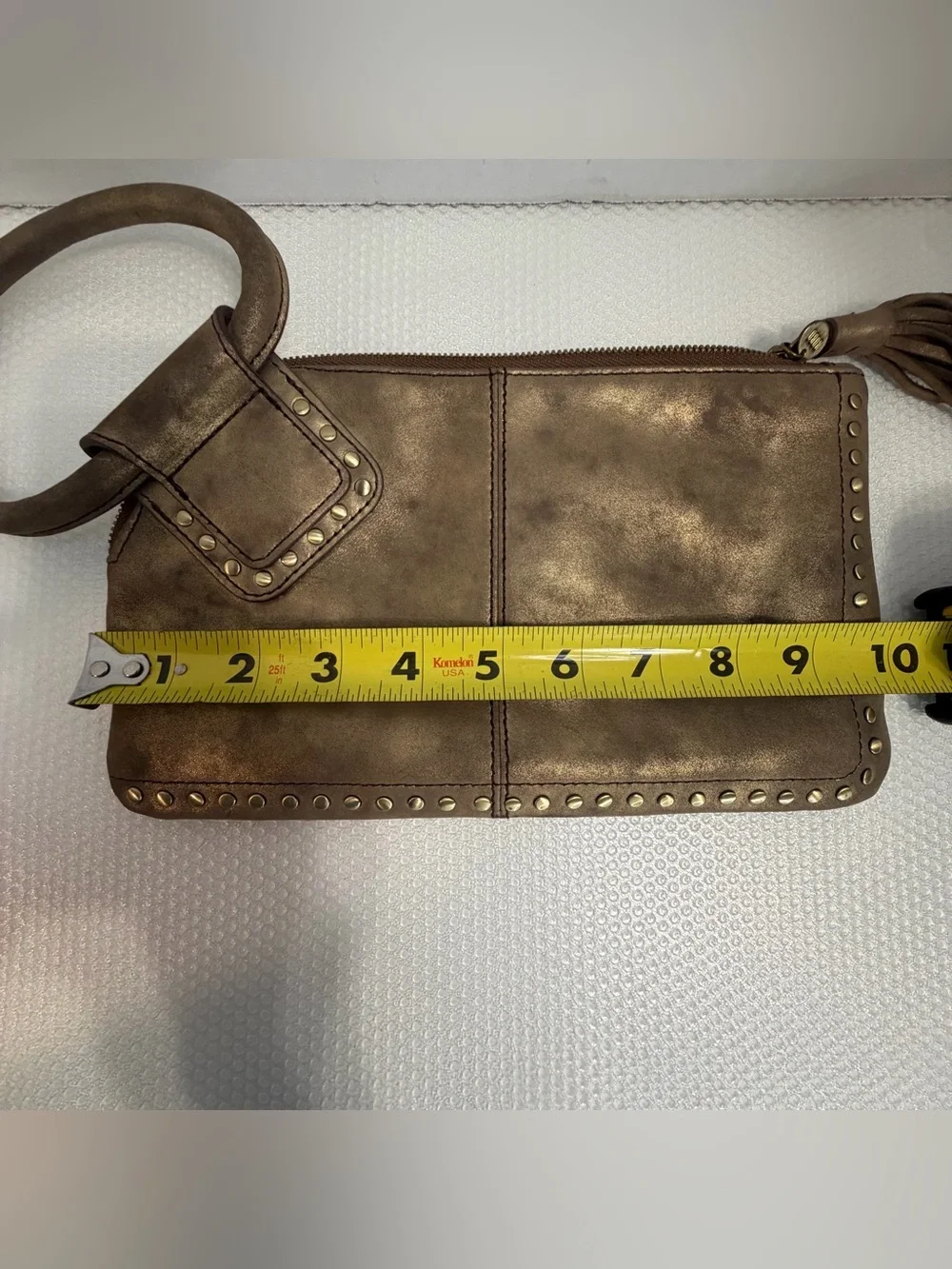 HOBO Metallic Bronze Studded Wristlet Tote with Tassel